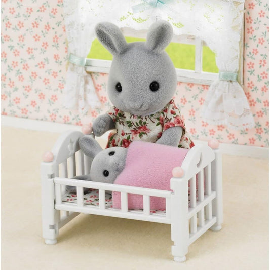 Sylvanian Families Baby Bed Set miniature white crib with blue blanket and mattress for dollhouse nursery play
