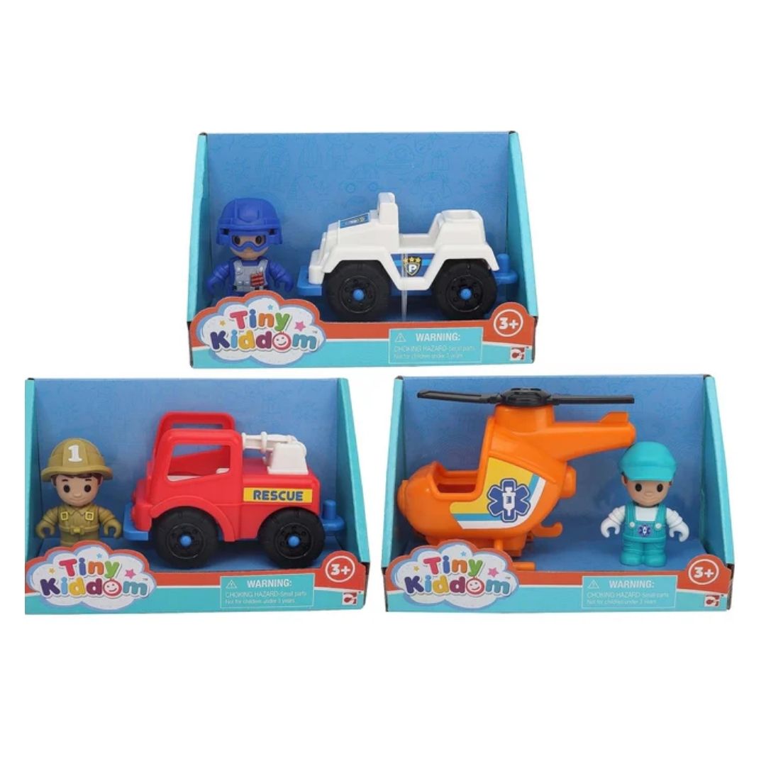Chapmei Tiny Kingdom Rescue Playset assortment featuring 1:43 scale emergency vehicles, rescue figures, and road safety accessories in a multicolor window box.