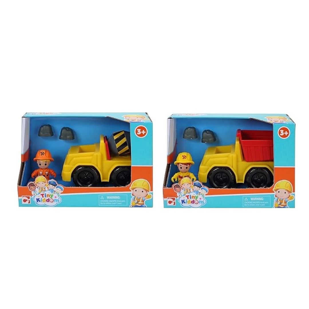 Chapmei Tiny Kingdom Construction Buggy Playset featuring a 1:43 scale yellow construction buggy, builder figure, and site safety accessories like road cones and barriers.