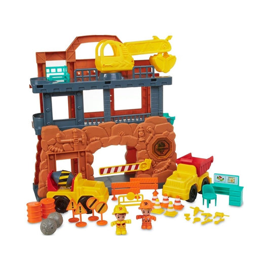 Chapmei Tiny Kingdom Light & Sound 1:43 scale construction vehicle featuring flashing LED lights, realistic engine sounds, a worker figure, and safety site accessories.