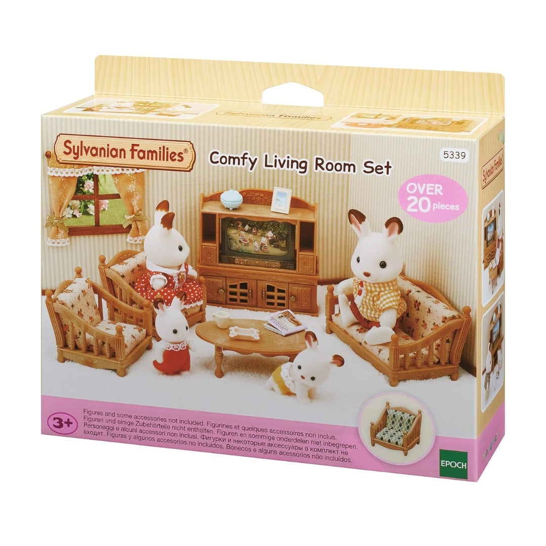 Sylvanian Families comfy living room toy furniture set with green sofa armchairs wood coffee table and miniature TV