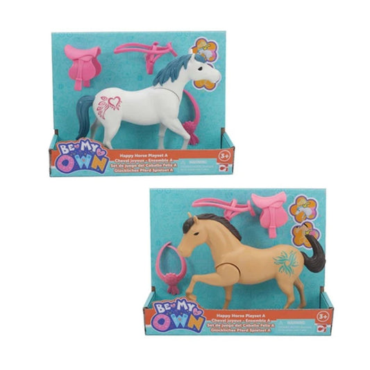 Chapmei Be My Own Happy Horse play set featuring a detailed toy horse figure, grooming brushes, feeding accessories, and a rider figure in a multicolor display box.