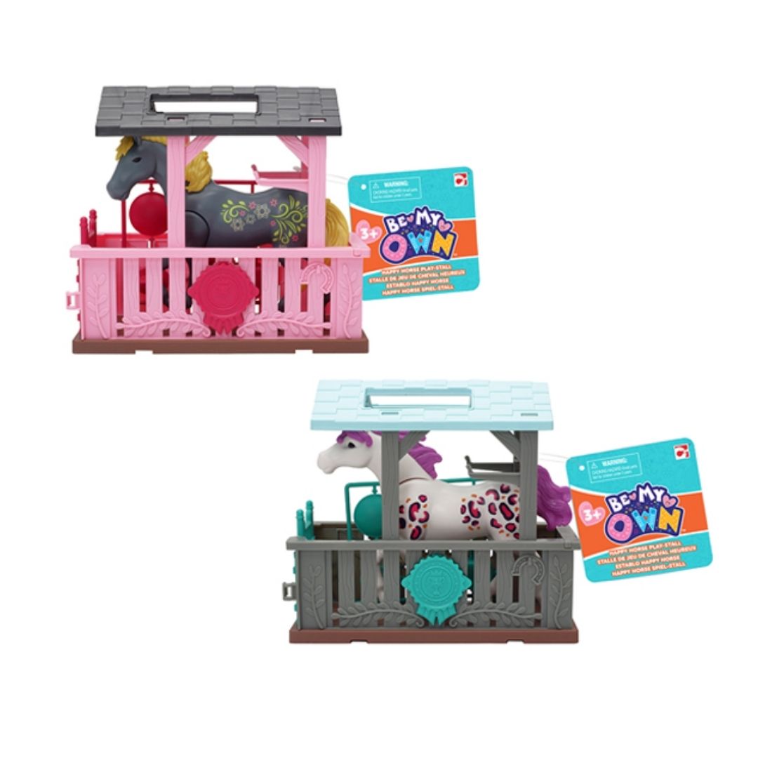 Chapmei Be My Own Happy Horse Play Stall assortment featuring a detailed 1:43 scale toy horse, a private stable stall, grooming tools, and feeding accessories in a multicolor window box.
