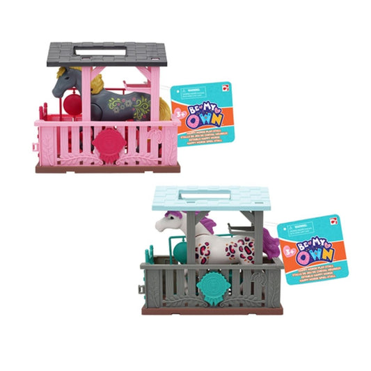 Chapmei Be My Own Happy Horse Play Stall assortment featuring a detailed 1:43 scale toy horse, a private stable stall, grooming tools, and feeding accessories in a multicolor window box.