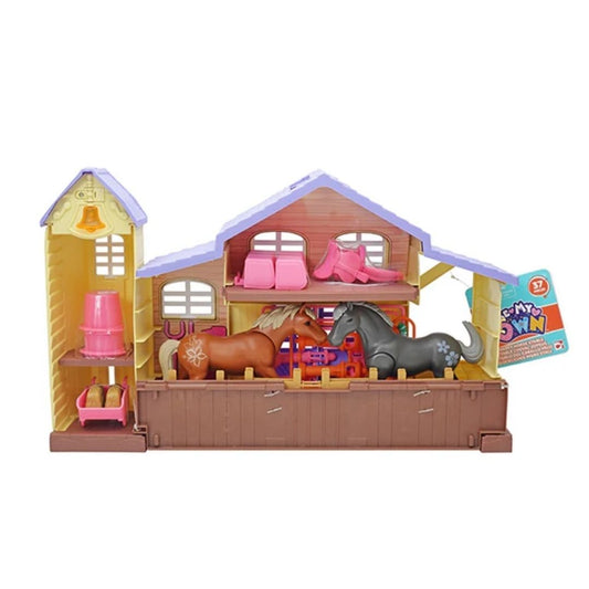 Chapmei Happy Horse Stable playset featuring a large 1:43 scale stable building with opening doors, a detailed horse figure, fencing, and assorted ranch grooming tools.