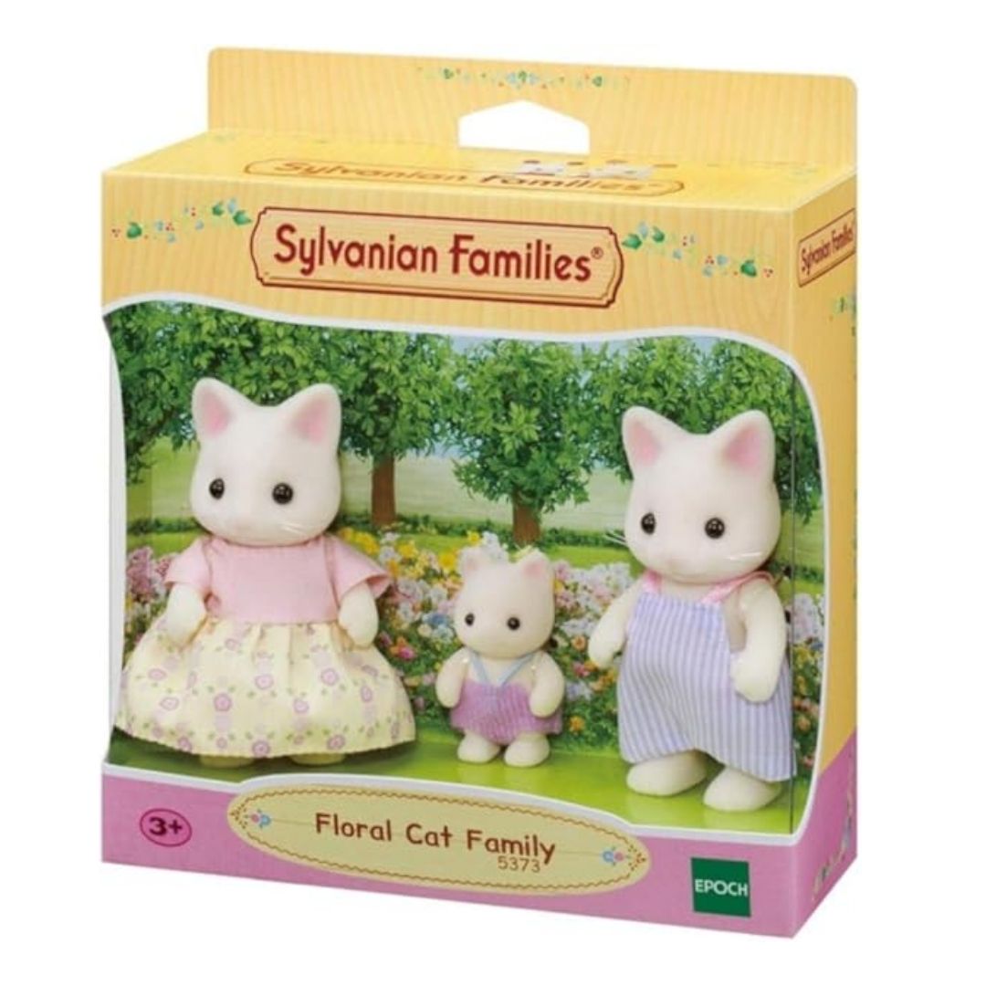 Vibrant multicolor Sylvanian Families Floral Cat Family set featuring four flocked cat figures in detailed removable floral outfits, including parents and two daughters.
