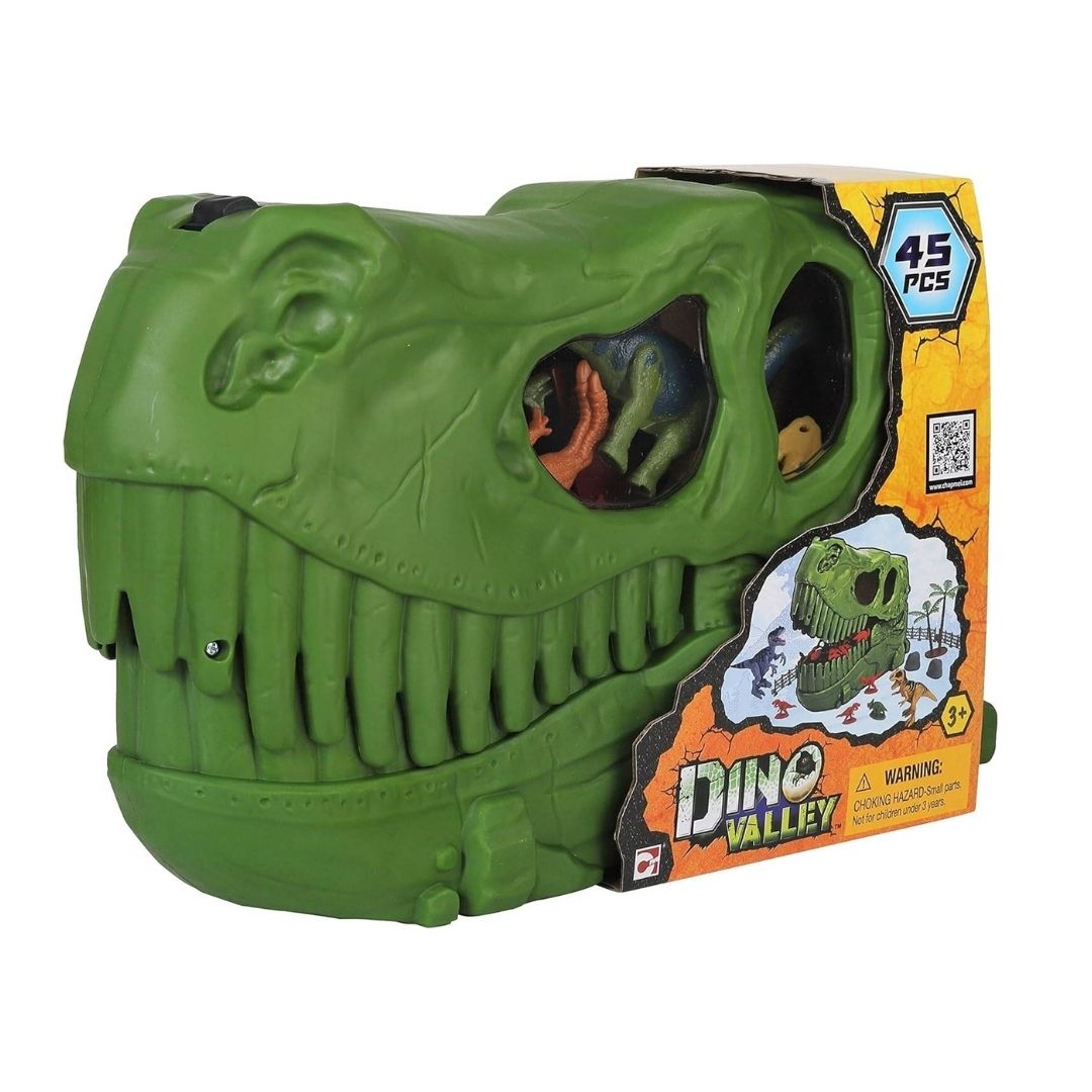Chapmei Dino Valley Dino Danger playset featuring a large toy dinosaur with articulated limbs, a 1:43 scale jungle capture vehicle, a ranger figure, and survival accessories.
