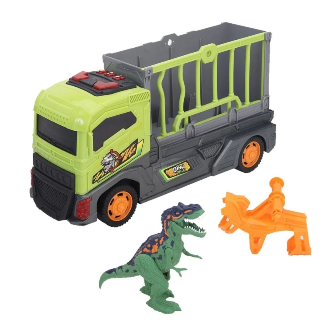 Chapmei Dino Valley Dino Transporter playset featuring a large 1:43 scale transport truck with a capture cage, a toy dinosaur figure, and a ranger action figure.