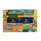 Chapmei Dino Valley Dino Express Rail Set featuring a motorized toy train, a large dinosaur figure, a detailed ranger action figure, and a complete oval track layout with jungle accessories.