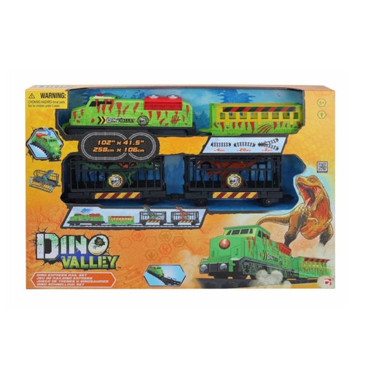 Chapmei Dino Valley Dino Express Rail Set featuring a motorized toy train, a large dinosaur figure, a detailed ranger action figure, and a complete oval track layout with jungle accessories.