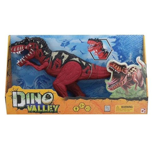 Chapmei Dino Valley T-Rex Attack playset featuring a large, detailed Tyrannosaurus Rex figure, an off-road capture vehicle, a ranger action figure, and jungle survival gear.