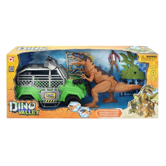 Chapmei Dino Valley Extreme Excursion playset featuring a large camouflage jungle truck, an articulated dinosaur figure, a ranger action figure, and survival accessories in a detailed display box.