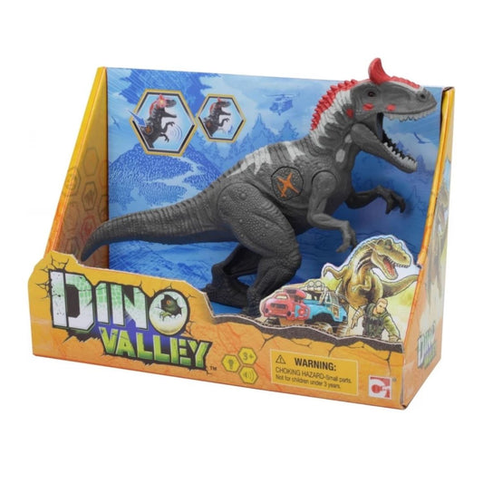 Chapmei Dino Valley Raging Dinos assortment featuring a highly detailed toy dinosaur with articulated limbs and realistic textures in a multicolor window display box.