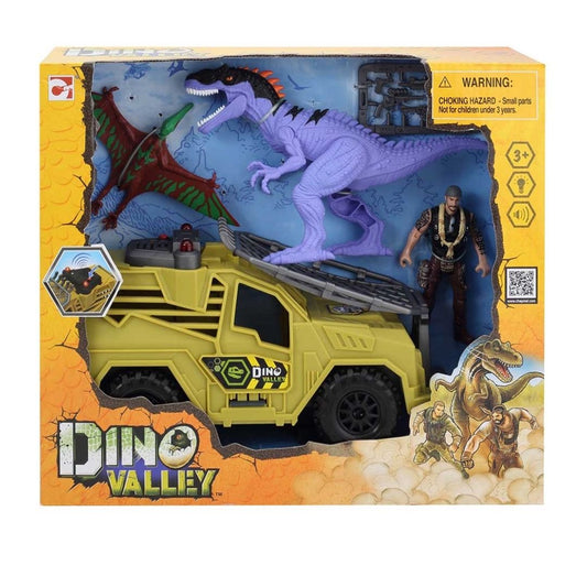 Chapmei Dino Valley Ground Defend playset featuring a large articulated dinosaur figure, a 1:43 scale armored defense vehicle, a ranger action figure, and survival gear.
