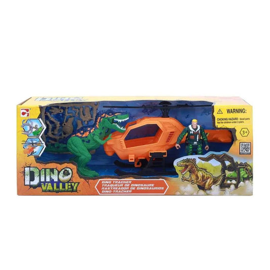 Chapmei Dino Valley Dino Tracker playset featuring a 1:43 scale off-road tracking vehicle, a poseable dinosaur figure, a ranger action figure, and survival equipment in a multicolor window box.
