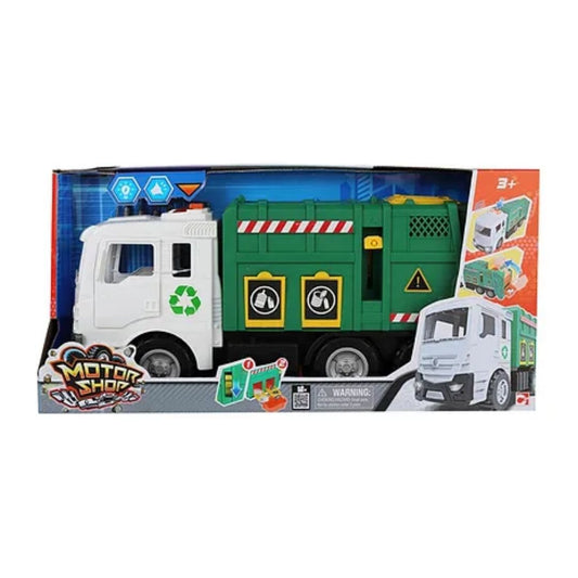 Chapmei Motorshop Garbage Recycle Truck featuring a realistic green and white livery, rolling wheels, and interactive lifting components in a multicolor window box.
