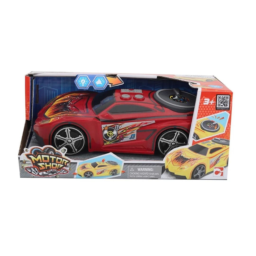 Chapmei Motorshop Musictronic Racer featuring a sleek multicolor sports car with integrated LED lights, realistic racing sounds, and musical rhythm effects.