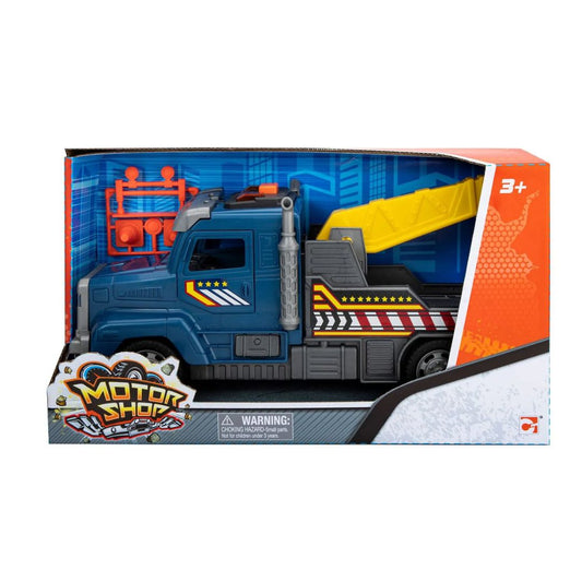 Chapmei Motorshop Tow Truck featuring a 1:43 scale recovery vehicle with a functional towing hook, realistic mechanic decals, and a driver figure in a multicolor display box.