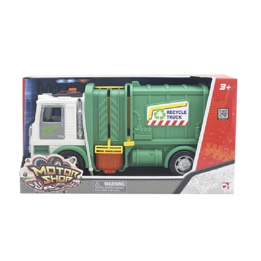 Chapmei Motorshop Garbage Recycle Truck featuring a 1:43 scale green sanitation vehicle with a tilting waste container, opening rear hatch, and a sanitation worker figure.