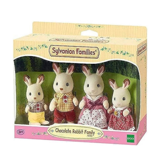 Vibrant multicolor Sylvanian Families Chocolate Rabbit Family set featuring four soft-flocked cream rabbit figures with signature brown-tipped ears and detailed removable fabric outfits.