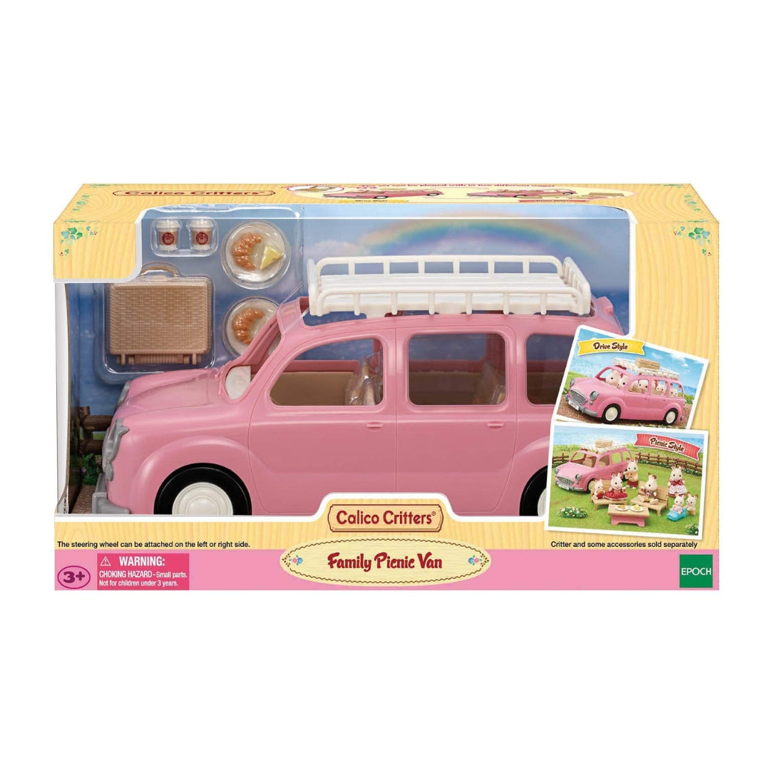 Sylvanian Families pink family picnic van toy car with roof rack convertible seats and picnic basket accessories for dolls