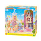 Sylvanian Families baby dream amusement park toy playset featuring pastel fairy castle spinning Ferris wheel and rocket rides