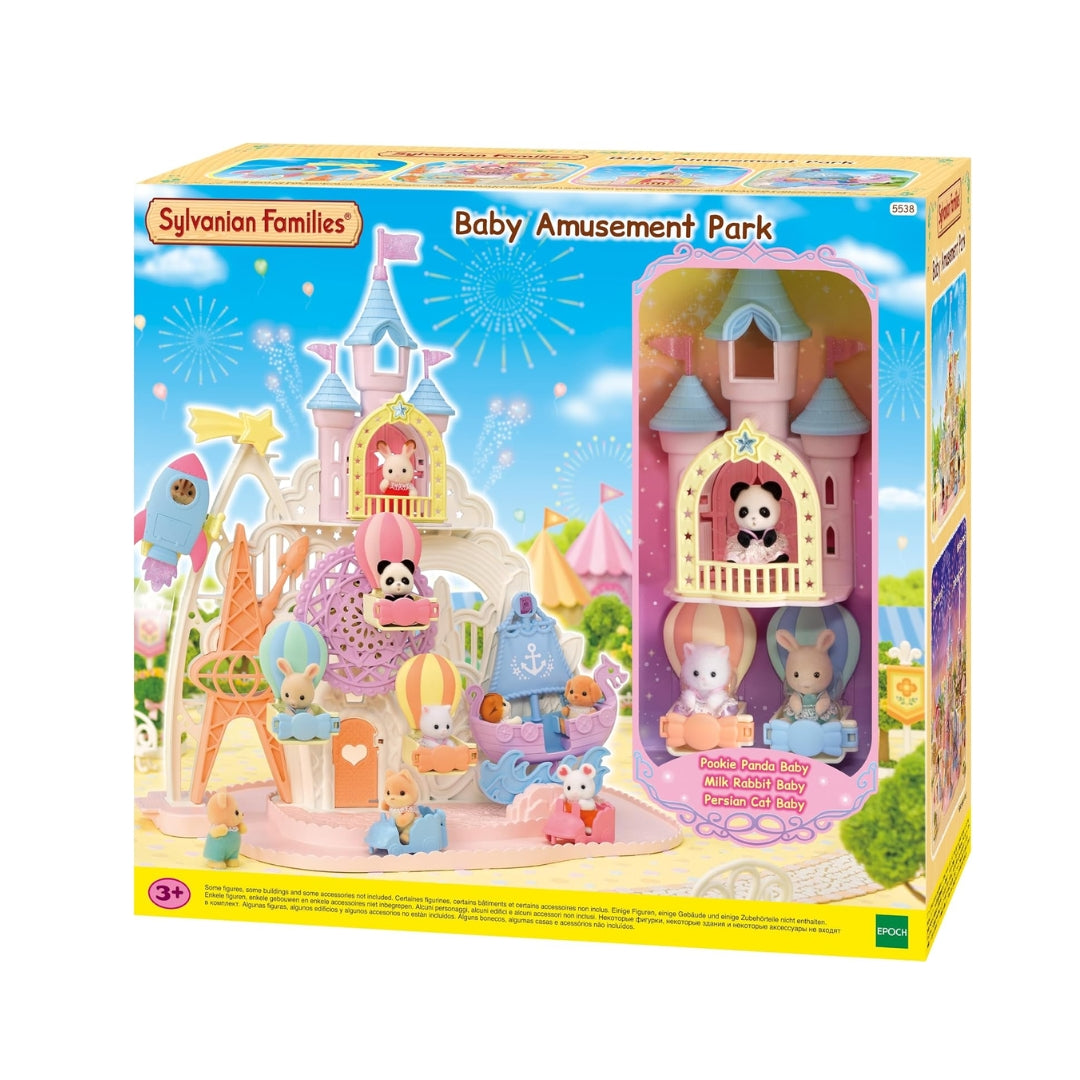Sylvanian Families baby dream amusement park toy playset featuring pastel fairy castle spinning Ferris wheel and rocket rides
