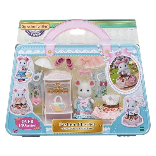 Vibrant multicolor Sylvanian Families Sugar Sweet Fashion Set featuring Marshmallow Mouse Older Sister in a tiered dress, alongside a white display shelf and various pink and blue fashion accessories.