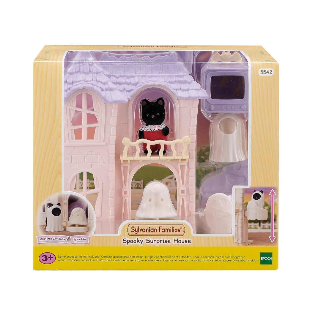 Sylvanian Families Spooky Surprise House toy haunted house playset with ghost elevator and black Midnight Cat baby doll in a white ghost costume