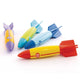 Four brightly colored Intex diving torpedoes in orange, yellow, green, and blue, designed with a hydrodynamic shape to glide through water.