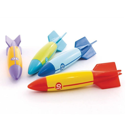 Four brightly colored Intex diving torpedoes in orange, yellow, green, and blue, designed with a hydrodynamic shape to glide through water.