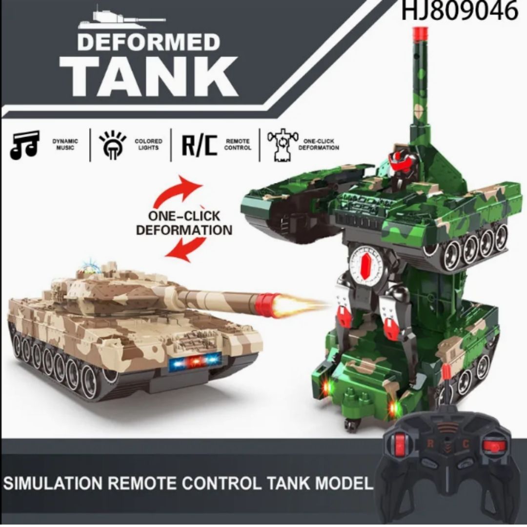 Vibrant multicolor Hongrui Toys R/C Transformer Tank Truck in a 2-in-1 design, featuring a heavy-duty tanker mode and a standing robot mode with durable wheels and detailed mechanical armor.