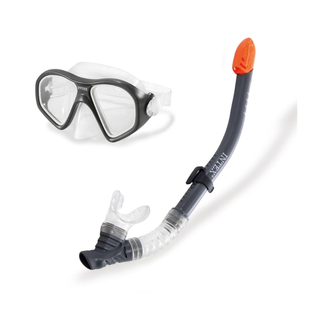 Intex Reef Rider swim set featuring a black-framed diving mask with clear tempered glass and a matching grey snorkel with an orange safety tip.