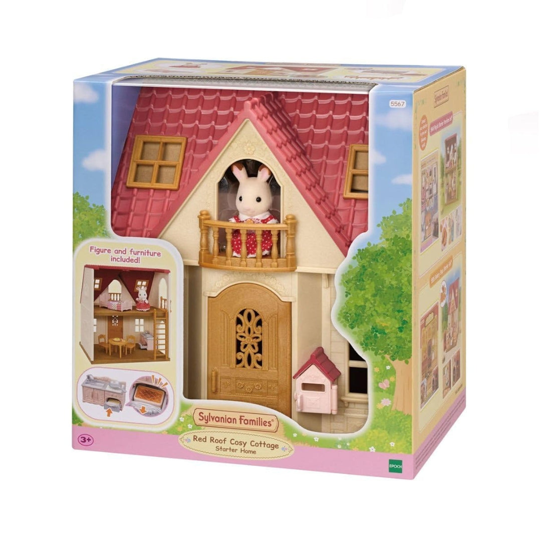 Sylvanian Families New Red Roof Cosy Cottage Starter Home playset with Freya Chocolate Rabbit figure and interactive toy kitchen