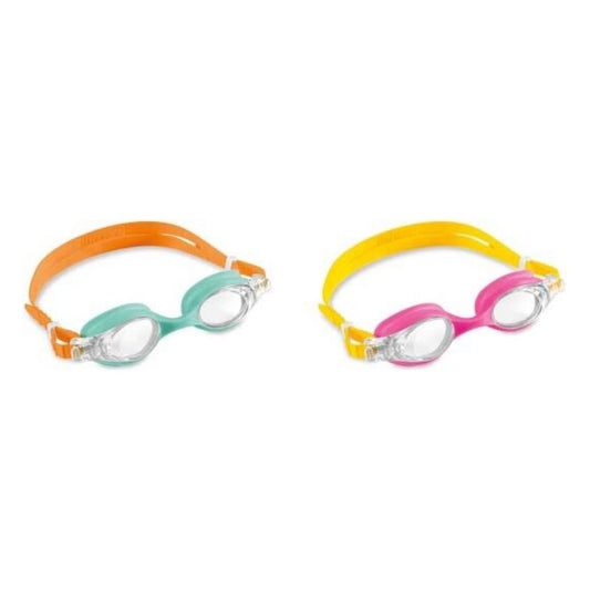 Two pairs of Intex kids' swim goggles in vibrant yellow-pink and orange-teal color combinations with adjustable head straps.