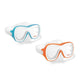 Two assorted Intex kids' swim masks featuring soft clear silicone skirts and vibrant orange and blue frames with adjustable head straps.
