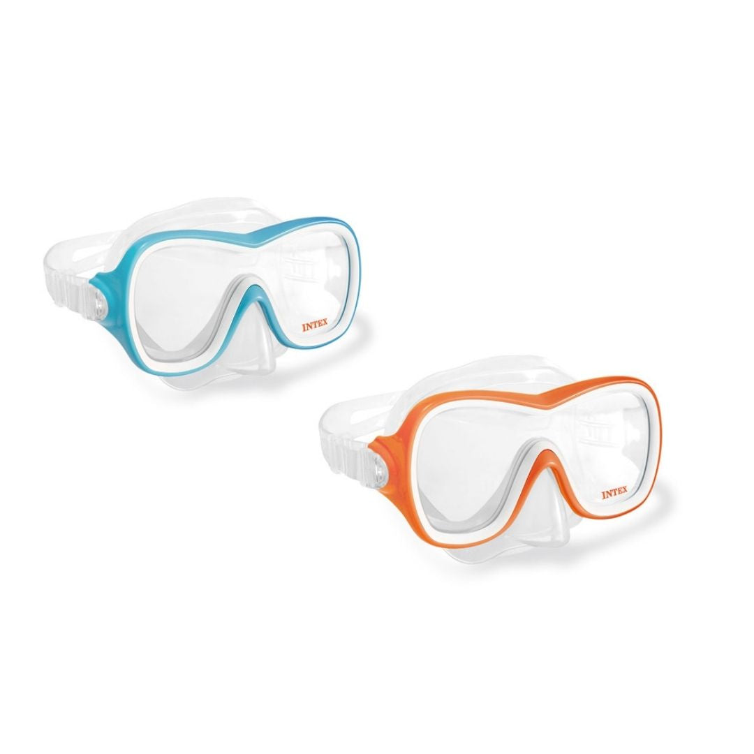 Two assorted Intex kids' swim masks featuring soft clear silicone skirts and vibrant orange and blue frames with adjustable head straps.