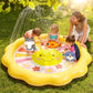 Bright yellow Intex Sunny Rays inflatable baby pool featuring a colorful sun-shaped sunshade and a built-in water sprayer for active outdoor play.