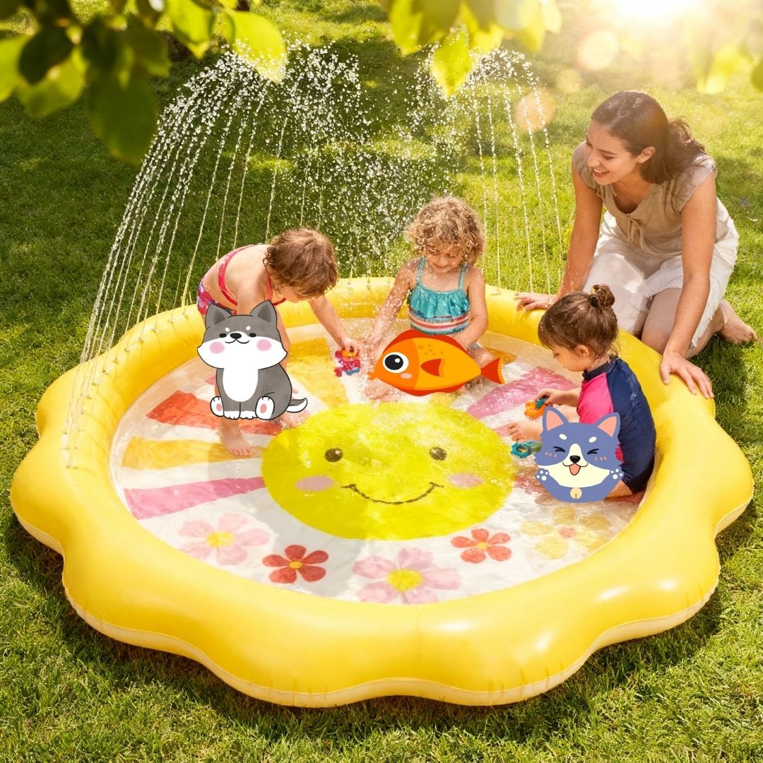 Bright yellow Intex Sunny Rays inflatable baby pool featuring a colorful sun-shaped sunshade and a built-in water sprayer for active outdoor play.