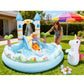 Intex Unicorn Castle Play Center featuring a colorful inflatable unicorn, a castle-themed wading pool, a built-in water slide, and a cooling sprayer.