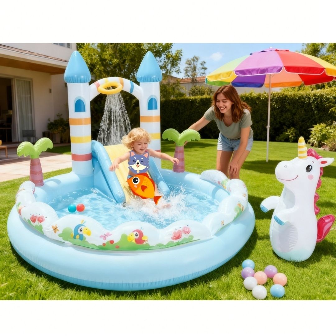 Intex Unicorn Castle Play Center featuring a colorful inflatable unicorn, a castle-themed wading pool, a built-in water slide, and a cooling sprayer.