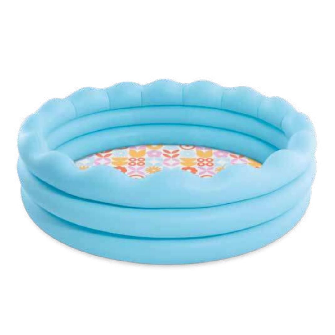Intex Wavy Edge inflatable pool featuring a unique contoured top ring and a durable blue 3-ply reinforced liner.