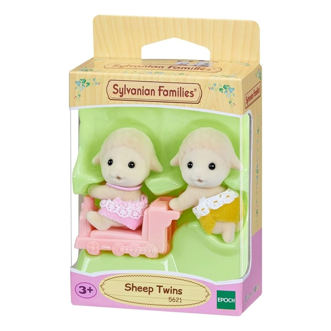 Vibrant multicolor Sylvanian Families Sheep Twins featuring two soft-flocked lamb figures in pink and yellow outfits with a small yellow push-along train.