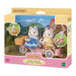 Vibrant multicolor Sylvanian Families Tandem Cycling Set featuring gray and white Husky figures, Pauline and Hayden, on a green tandem bicycle with a detachable sidecar.
