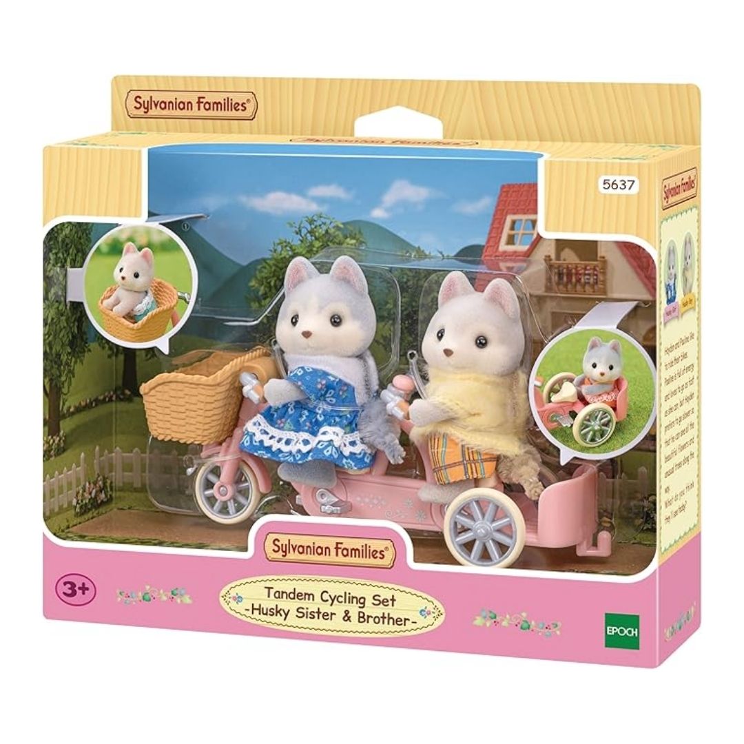 Vibrant multicolor Sylvanian Families Tandem Cycling Set featuring gray and white Husky figures, Pauline and Hayden, on a green tandem bicycle with a detachable sidecar.