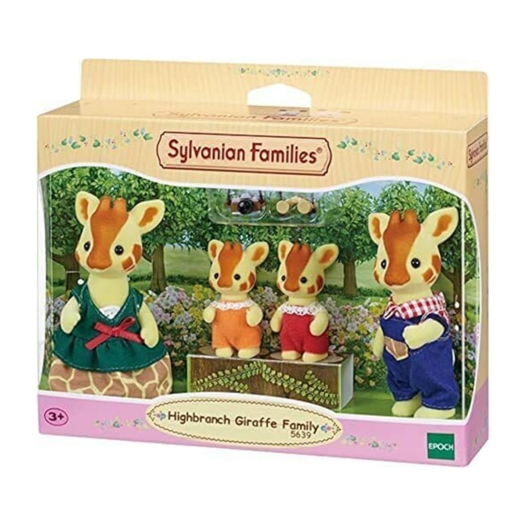 Vibrant multicolor Sylvanian Families Highbranch Giraffe Family set featuring four soft-flocked giraffe figures with detailed orange spots, including parents and two infants with a camera and binoculars.