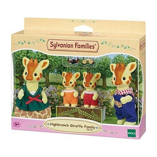 Vibrant multicolor Sylvanian Families Highbranch Giraffe Family set featuring four soft-flocked giraffe figures with detailed orange spots, including parents and two infants with a camera and binoculars.
