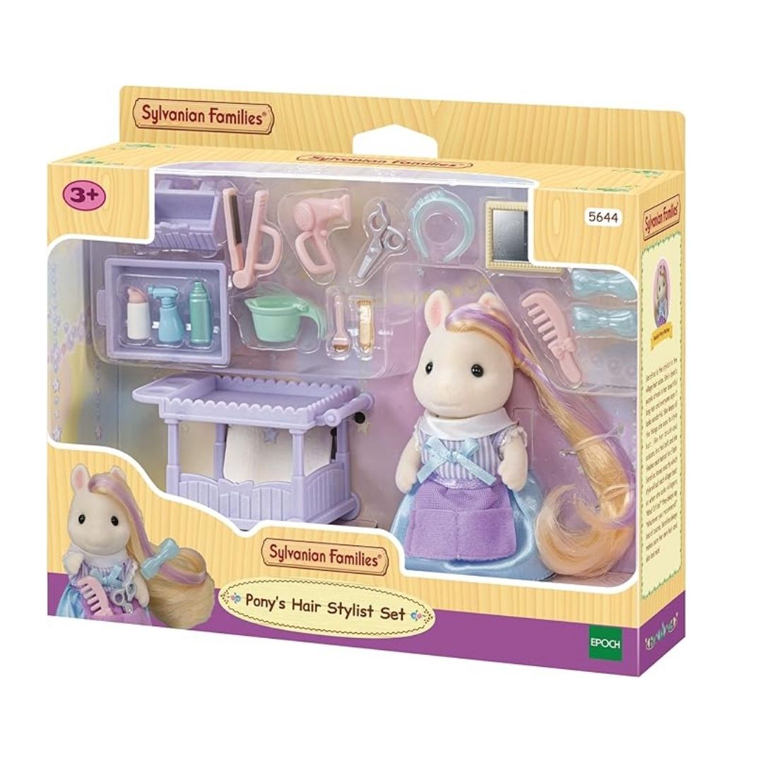 Vibrant multicolor Sylvanian Families Pony’s Hair Stylist Set featuring Serafina Pony with long brushable hair, a purple vanity mirror, and various styling accessories like a hair dryer and brush.