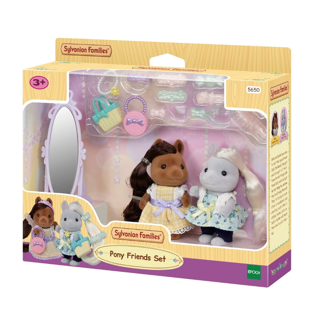 Sylvanian Families Stylish Pony Friends Set with two pony girl figures standing mirror and miniature hair styling accessories