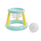 Large Intex inflatable Mega Floating Hoop in bright yellow and orange colors, floating on pool water with an included inflatable basketball.